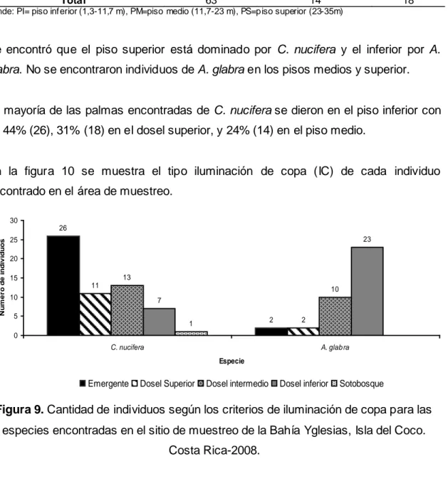 Figura 9. Cantidad de individuos según los criterios de iluminación de copa para las  especies encontradas en el sitio de muestreo de la Bahía Yglesias, Isla del Coco