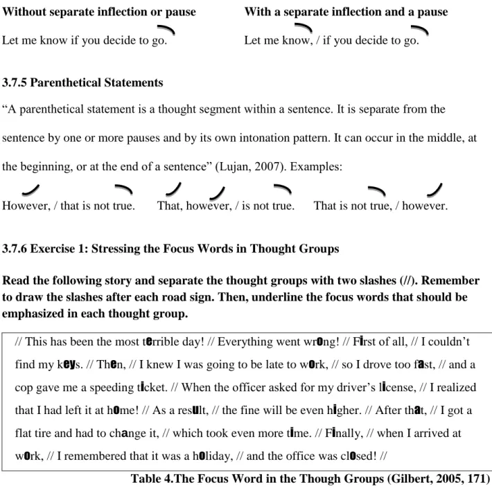 Table 4.The Focus Word in the Though Groups (Gilbert, 2005, 171)  3.7.7 Chunking Ideas: Identifying Collocations  