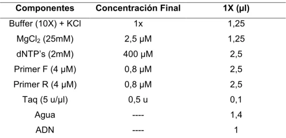 Cuadro 3. Composición de la mezcla de reacción utilizada para realizar el PCR  para el estudio de variabilidad genética de las lapas