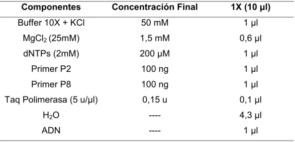 Cuadro 5. Composición de la mezcla de reacción utilizada para realizar la PCR de  sexado de las lapas verdes 