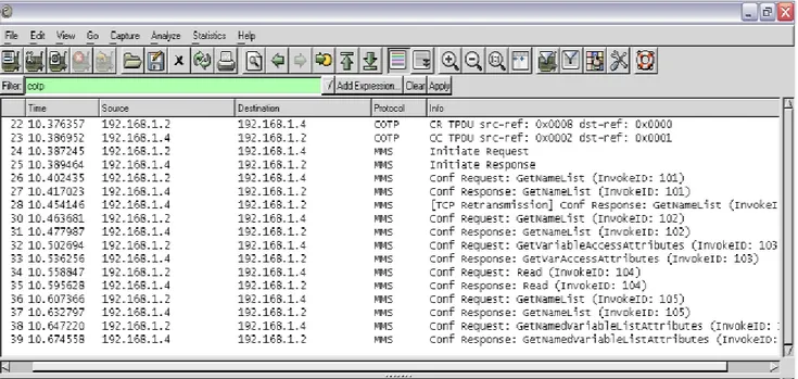 Figura 6.1 Captura del tráfico de red realizada en la interfaz del programa cliente IEDScout