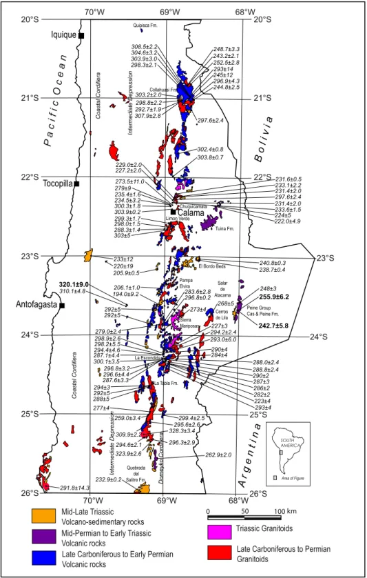 FIG. 3. Map showing the distribution of the Late Paleozoic to Late Triassic rocks of northern Chile between latitudes 20° and 26°S  and location of U-Pb zircon ages (Ma±2σ)