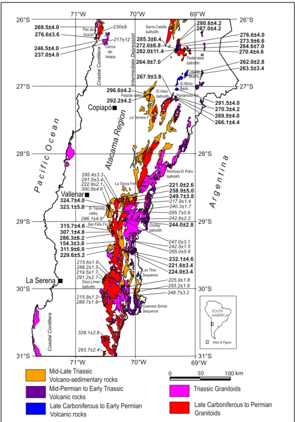 FIG. 4. Map showing the distribution of the Late Paleozoic to Late Triassic rocks of northern Chile between latitudes 26° and 31°S  and location of U-Pb zircon ages (Ma±2σ)