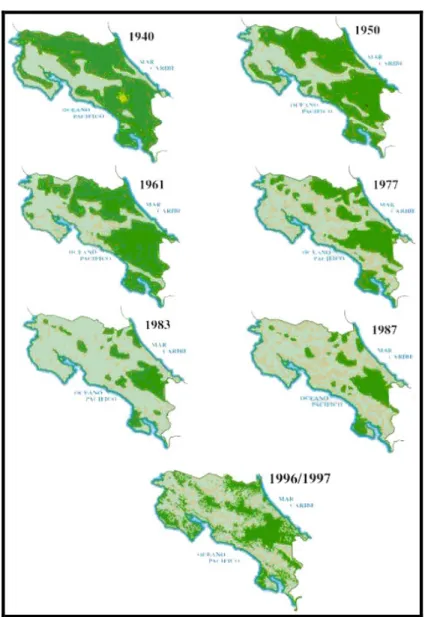 Figura 1. Series de mapas con cobertura boscosa según su publicación. 