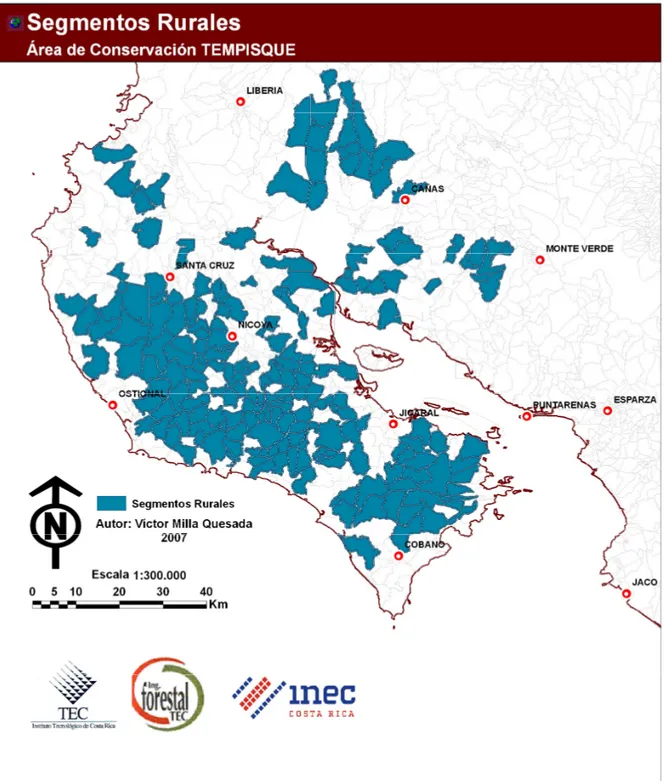 Figura  3.  Mapa  segmentos  rurales  escogidos  para  el  análisis  en  el  Área  de  Conservación  Tempisque