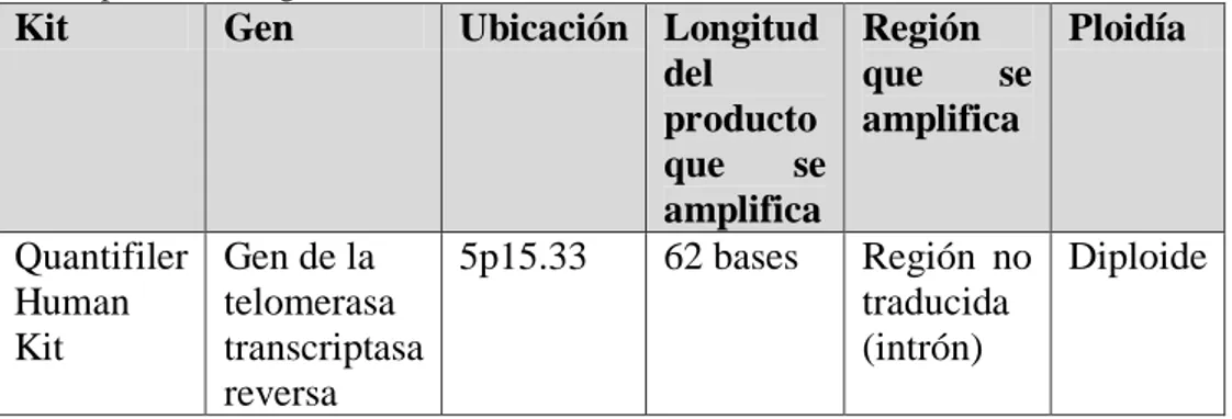 Cuadro 3. Descripción de la región de ADN humano de interés en la cuantificación. 