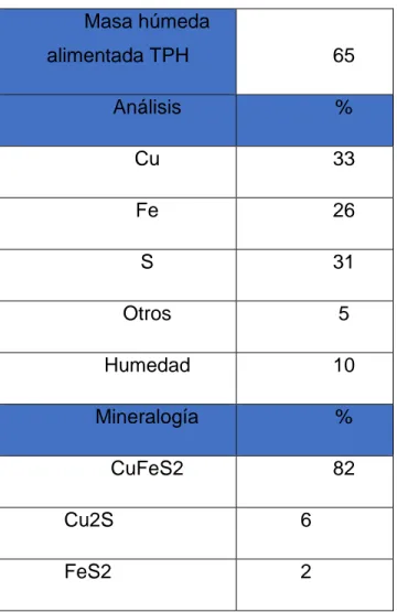 Tabla 2 Parámetros operacionales  Masa húmeda  alimentada TPH  65  Análisis  %  Cu  33  Fe  26  S  31  Otros  5  Humedad  10  Mineralogía  %  CuFeS2  82  Cu2S  6  FeS2  2 