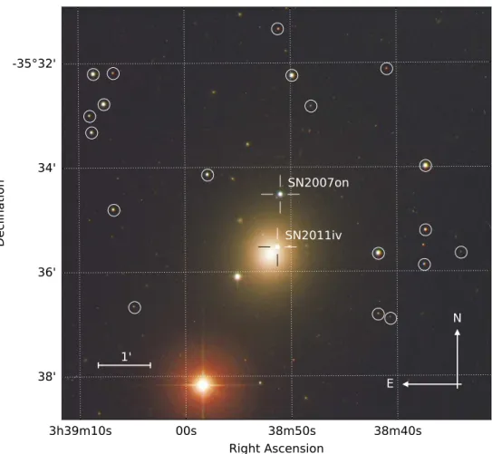 Fig. 1: Composite image of NGC 1404 with the positions of SN 2007on, SN 2011iv, and a number of local sequences stars indicated.