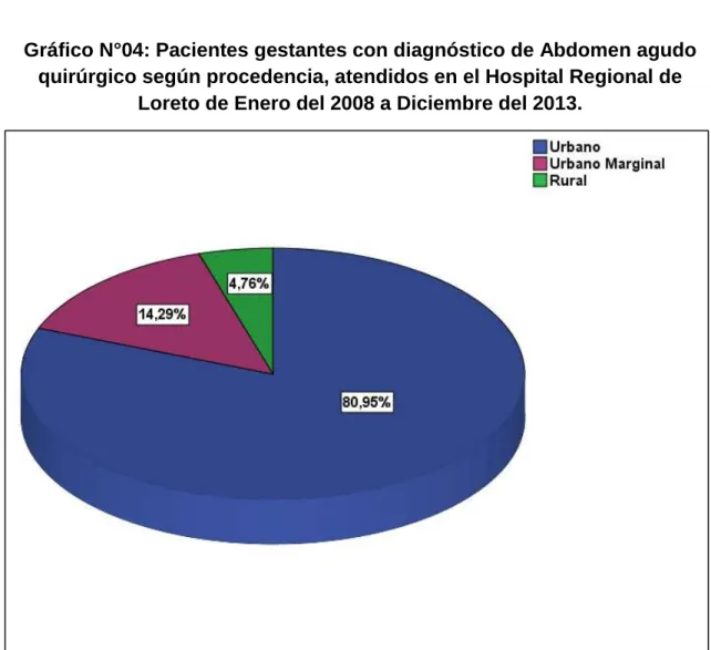 Gráfico N°04: Pacientes gestantes con diagnóstico de Abdomen agudo  quirúrgico según procedencia, atendidos en el Hospital Regional de 
