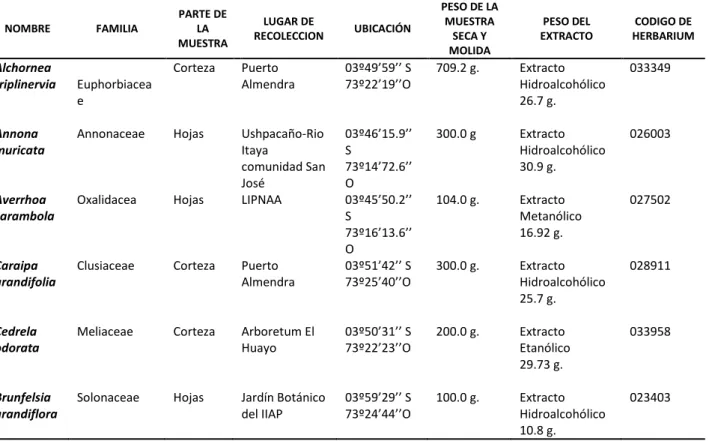 Tabla 3. Datos de las plantas y sus extractos usados en el presente trabajo. 