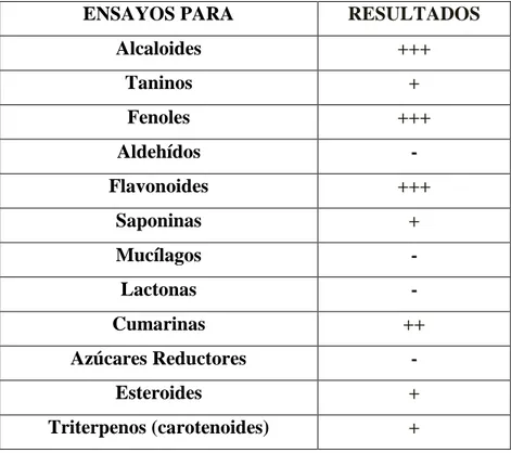 Tabla N° 01: Resultados obtenidos del Tamizaje Fitoquímico del extracto  Etanolico de las hojas de Ruta graveolens “Ruda”