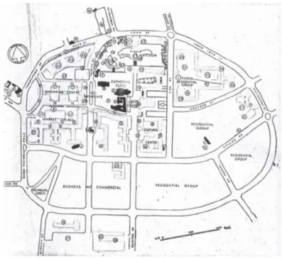Figura 1: Planta general del proyecto de renovación urbana de Donald Gibson previo al bombardeo de Noviembre de  1940