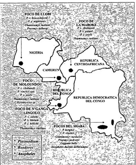 Figura 9 : Mapa de ubicación de las zonas donde se descubrieron las  especies de Plasmodium de roedores 