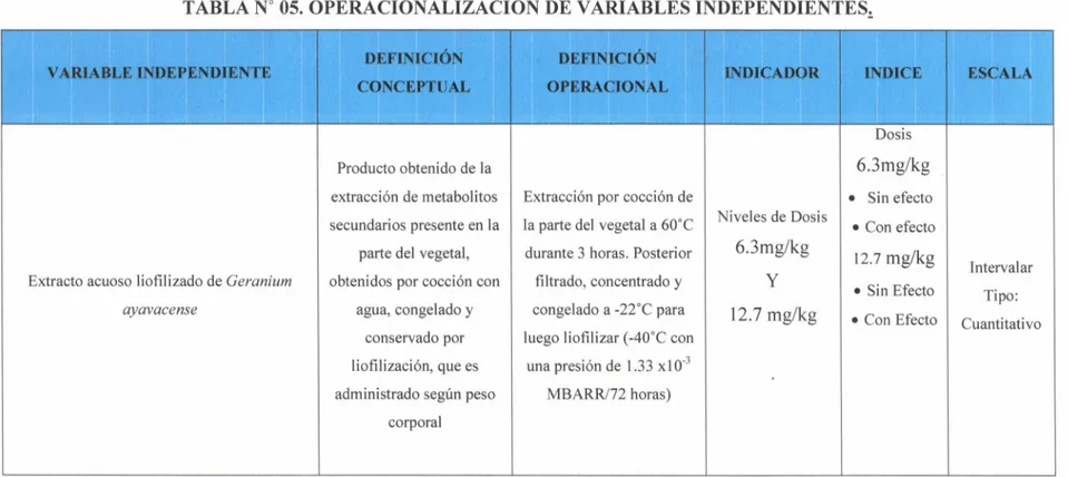 TABLA N° 05. OPERACIONALIZACIÓN DE VARIABLES INDEPENDIENTES!
