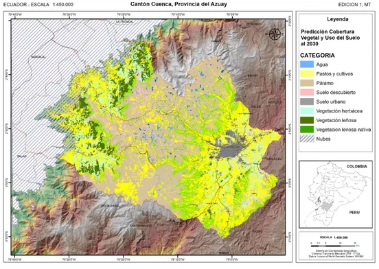 Figura 9: Modelo predictivo, al año 2030, del cambio del uso de suelo del cantón Cuenca   Fuente: Elaboración propia, 2015 