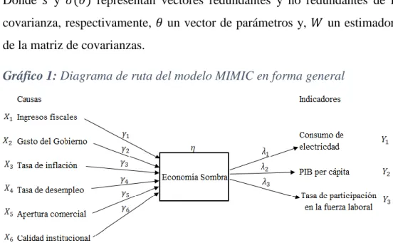 Gráfico 1: Diagrama de ruta del modelo MIMIC en forma general 