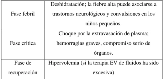 Tabla 1. Problemas clínicos en las distintas fases del Dengue 