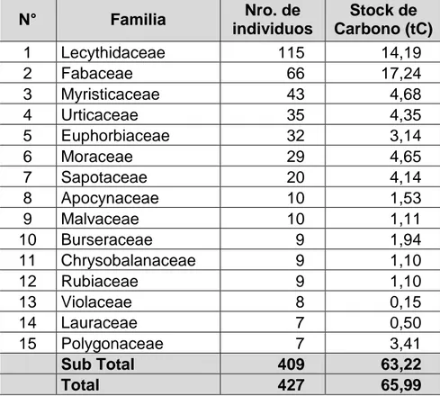 Cuadro 4: Stock de carbono por familia en toneladas de carbono. 