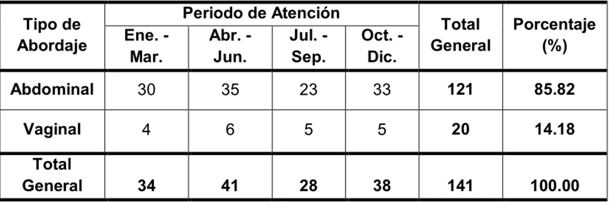 Tabla 3: Registro de casos de histerectomía según vía de abordaje por  trimestre en el Hospital III EsSalud de Iquitos en el año 2016