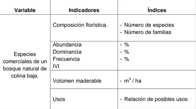 Cuadro 1. Variables, indicadores e índices 