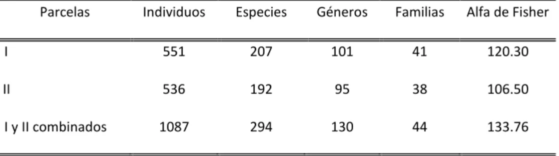 Cuadro  8:  Diversidad  del  bosque  de  la  EBQB,  para  árboles  ≥  10  cm  DAP en  parcelas de 1ha
