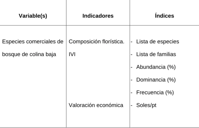 Cuadro 1.  Variables, indicadores e índices que participan en el estudio. 
