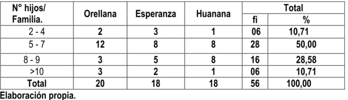 Cuadro 2. Número de personas que conforman la familia     N° hijos/ 