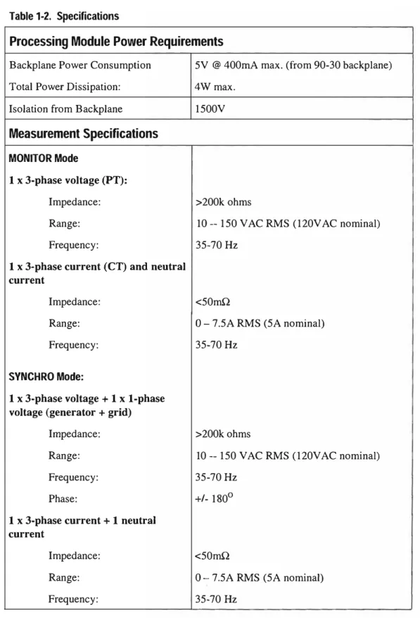 Table 1-2.  Specifications 