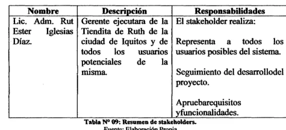 Tabla NO 09: Resumen de stakeholders. 
