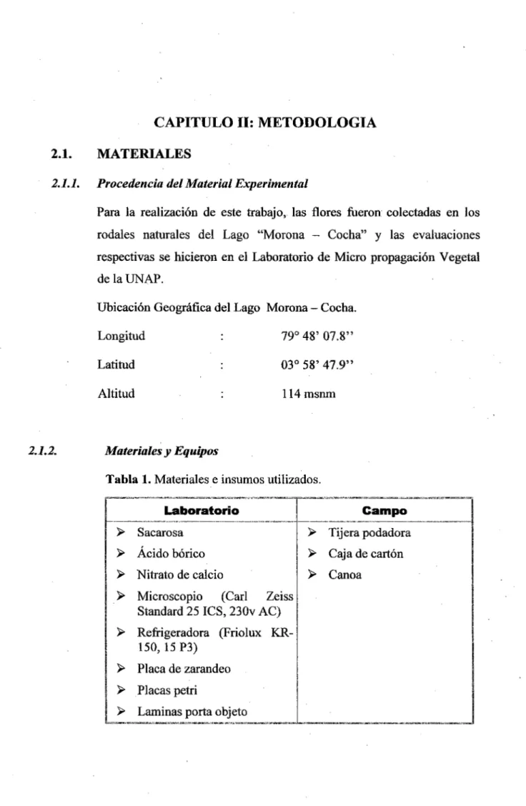 Tabla l. Materiales e insumos utilizados. 