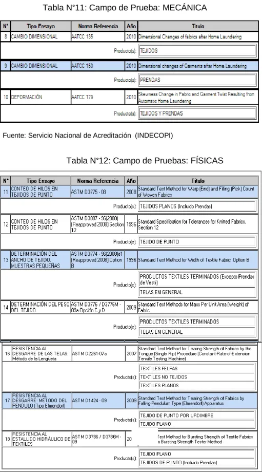 Tabla N °12: Campo de Pruebas: FÍSICAS 