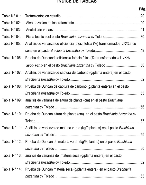 Tabla N° 02:      Aleatorización de los tratamiento .......................................................................