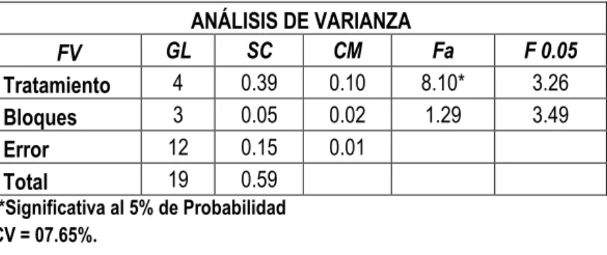 Cuadro N° 01: Análisis de varianza del promedio del número de mazorca  / planta de maíz (Zea  mays L.) Var
