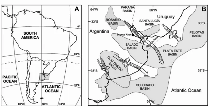 Figure 1. A: Location of the studied area in South America. B: Sedimentary limits of the Salado Basin and the surroundings tectonic units