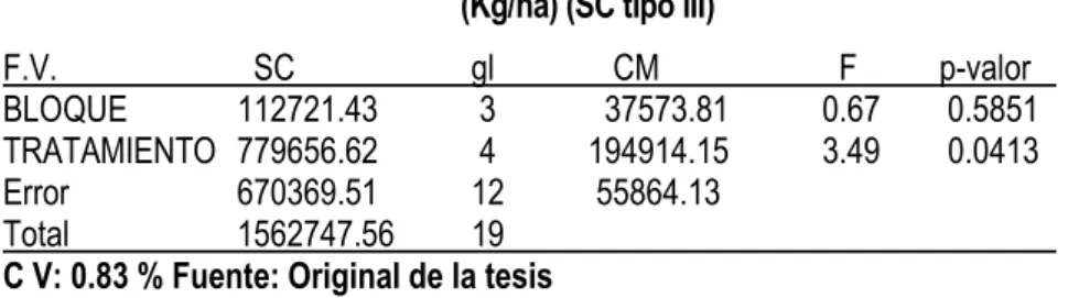 CUADRO N° 10. CUADRO DE ANALISIS DE VARIANCIA PARA RENDIMIENTO   (Kg/ha) (SC tipo III) 