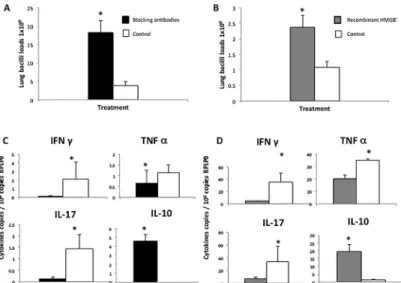 Fig 7. Effect of the administration of blocking antibodies against HMGB1 or recombinant human HMGB1 during late disease on pulmonary bacilli loads and cytokines expression