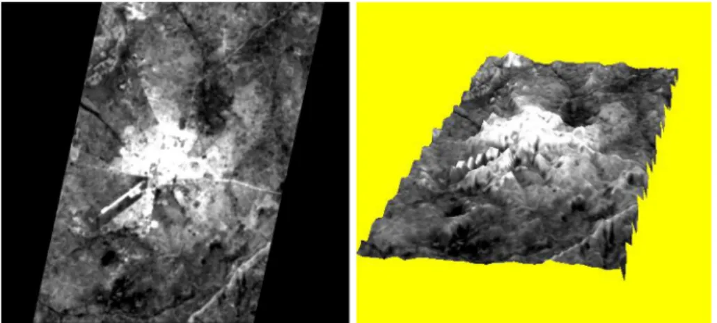 Fig. 5 Land surface temperature image (left) and three-dimensional model (right) for Bobo-Dioulasso, Burkina Faso, acquired on 9/10/2013 (left)