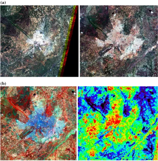 Fig. 3 a Bobo-Dioulasso using a natural false color composition (RGB 321 and RGB 432) Thematic Mapper image dated 11/09/1991 (left) and an OLI-TIRS image acquired on 25/10/2013 (right) using the same scale