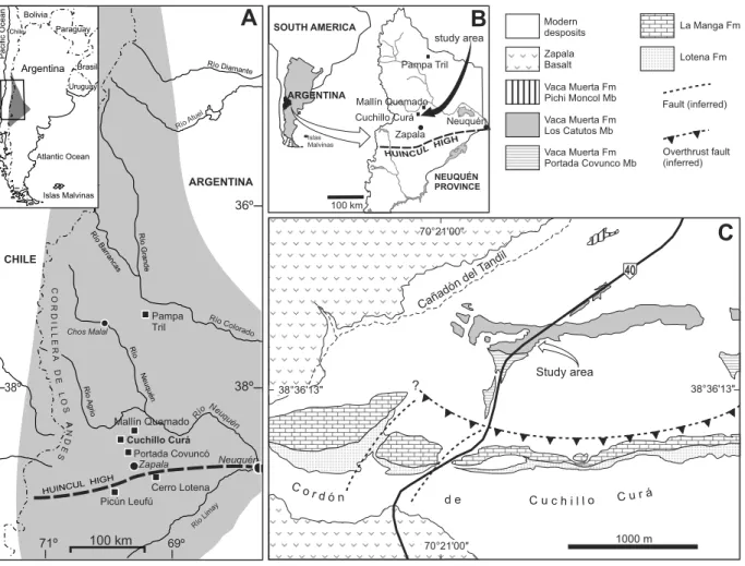 Figure 1. A: Neuquén Basin (gray area) with indication of the studied locality and others mentioned in the text