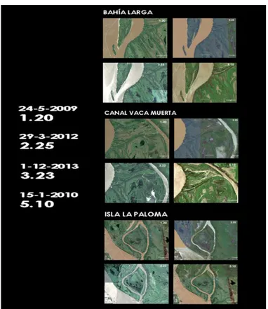Fig.  4.  Mosaico  de  fotos  satelitales  correspondiente  a  las  localizaciones  adoptadas  para  las  propuestas  proyectuales  -BAHÍA  LARGA,  CANAL  DE  LA  VACA  MUERTA  e  ISLA  LA  PALOMA- en cuatro momentos de altura hídrica del Río Paraná: 1.20m