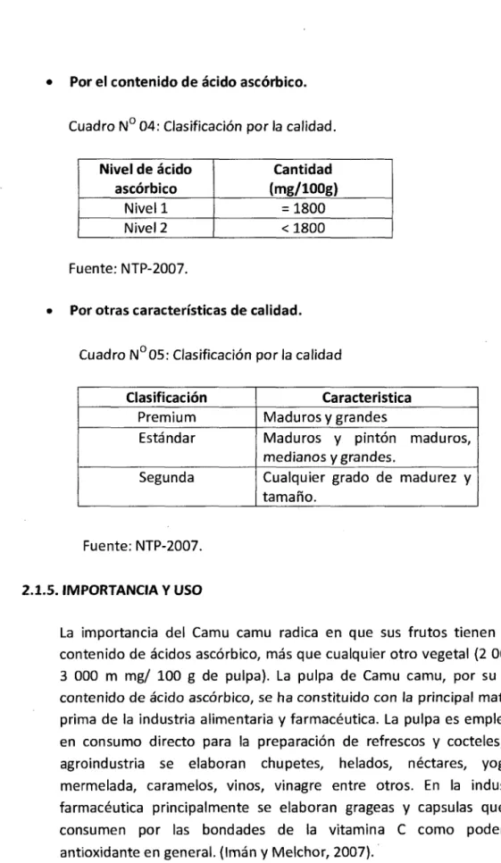 Cuadro N° 04: Clasificación por la  calidad. 