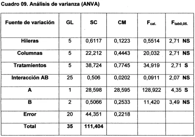 Cuadro 09. Análisis de varianza (ANVA) 