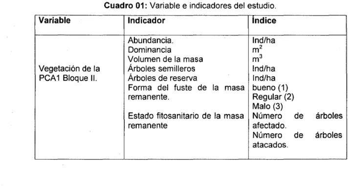 Cuadro 01:  Variable e indicadores del  estudio. 