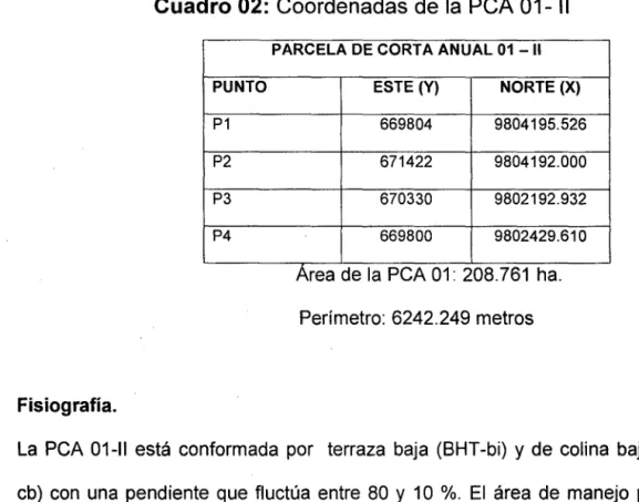 Cuadro 02:  Coordenadas de la  PCA 01- 11 
