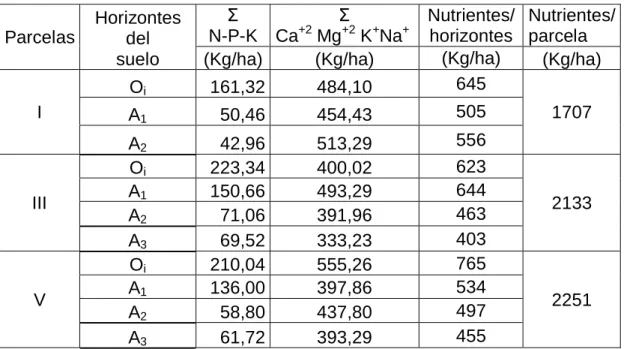 Cuadro 9. Producción de macronutrientes por horizontes y parcelas en kg/ha. 