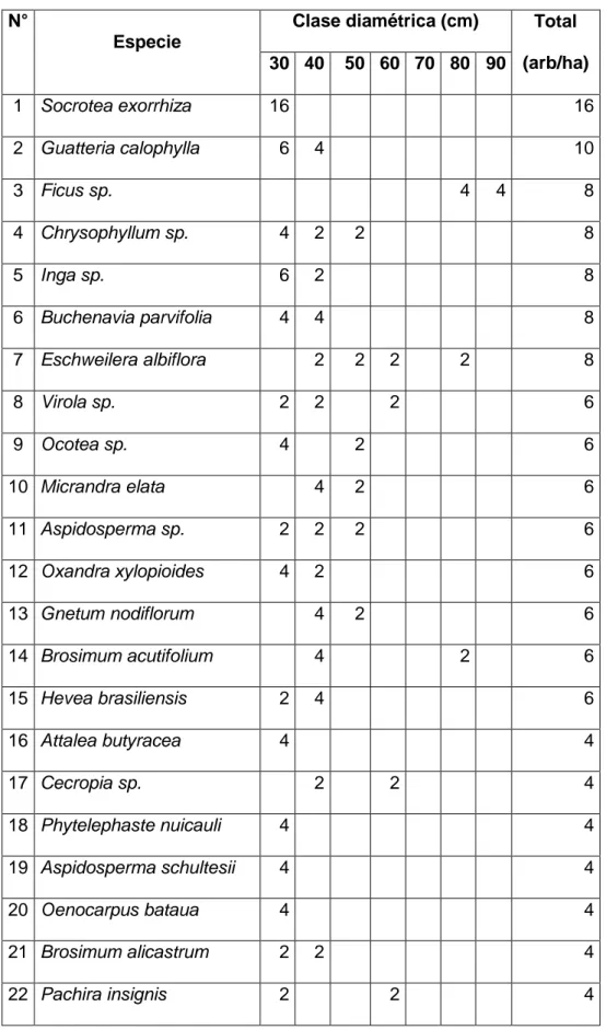 Cuadro 7.  Número de individuos por hectárea y por clase diamétrica de las  especies forestales del área de estudio