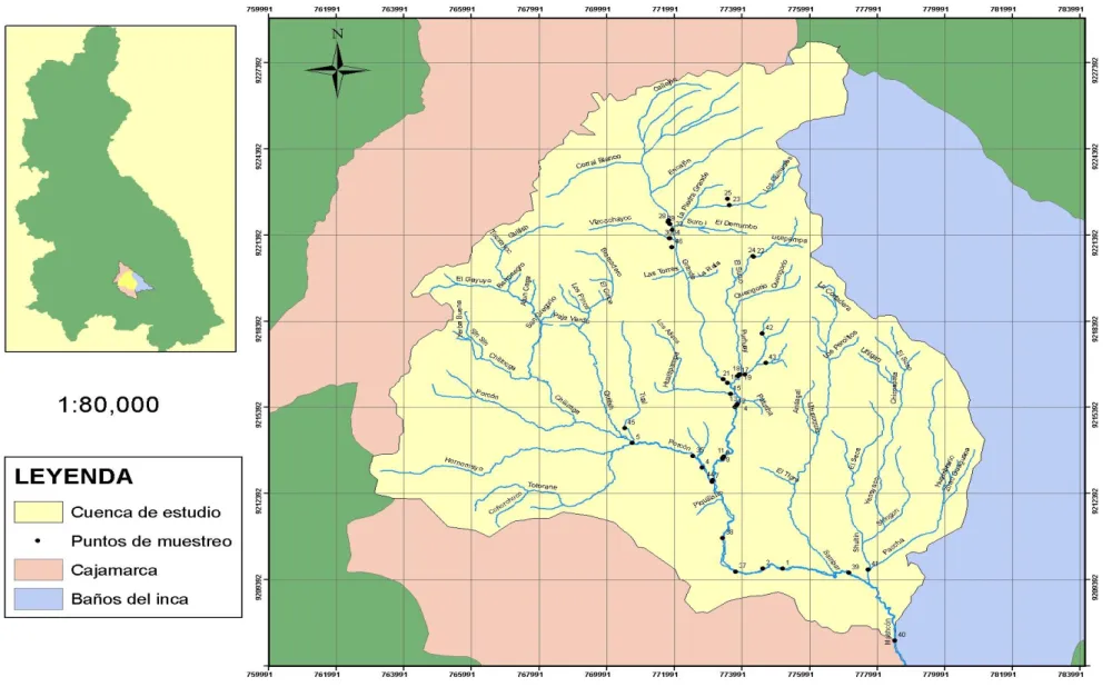 Figura 1.  Mapa de ubicación y distribución de puntos de muestreo en la cuenca del río Mashcón