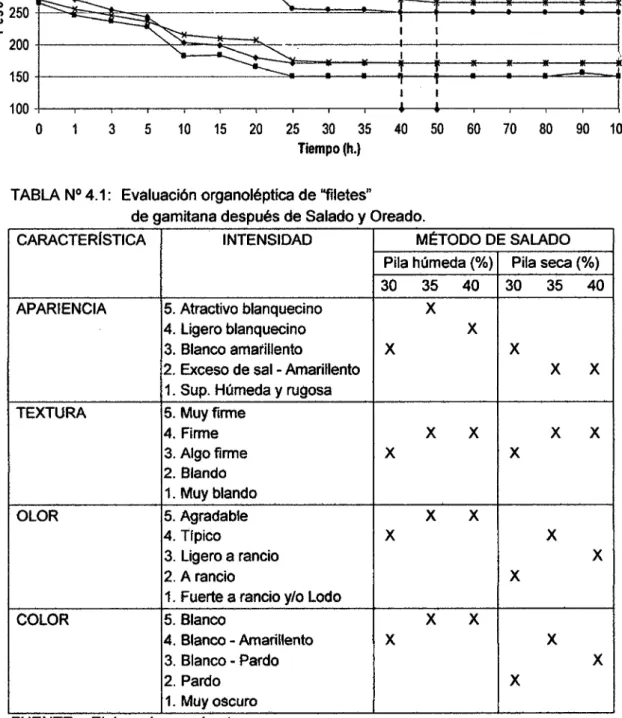 TABLA N° 4.1:  Evaluación organoléptica de ''filetes&#34; 