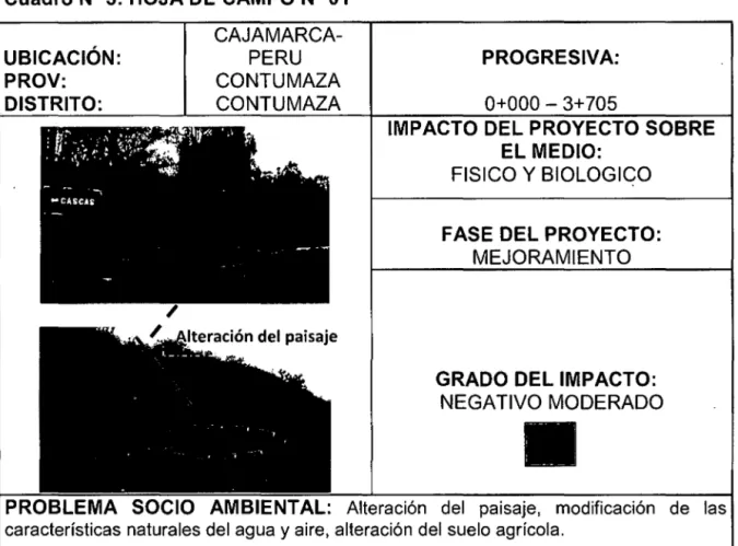 Cuadro  No  3:  HOJA DE  CAMPO No  01  UBICACIÓN:  PROV:  DISTRITO:  CAJAMARCA-PERU  CONTUMAZA CONTUMAZA  PROGRESIVA: 0+000 - 3+ 705 