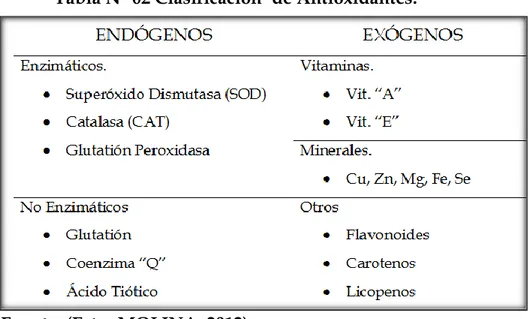 Tabla N° 02 Clasificación  de Antioxidantes. 